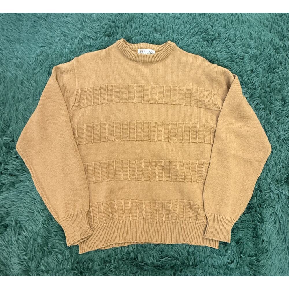 Vintage Sigallo Men's XL 100% Acrylic Tan Striped Knit Sweater 70s 80s Made